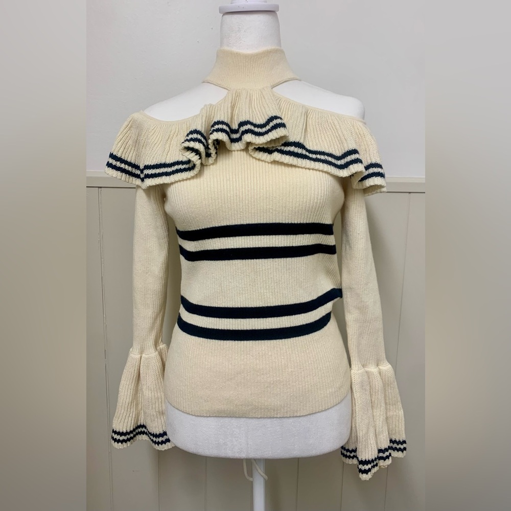 Cotton/Cashmere Off-Shoulder Cream and Black Striped Sweater Artist & Art sz S